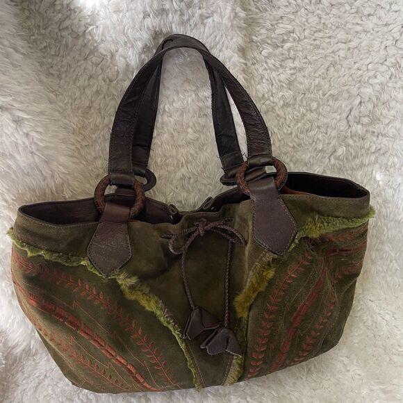 Maxx New York Hobo satchel leather suede olive green brown strap & embro… - Picture 2 of 15
